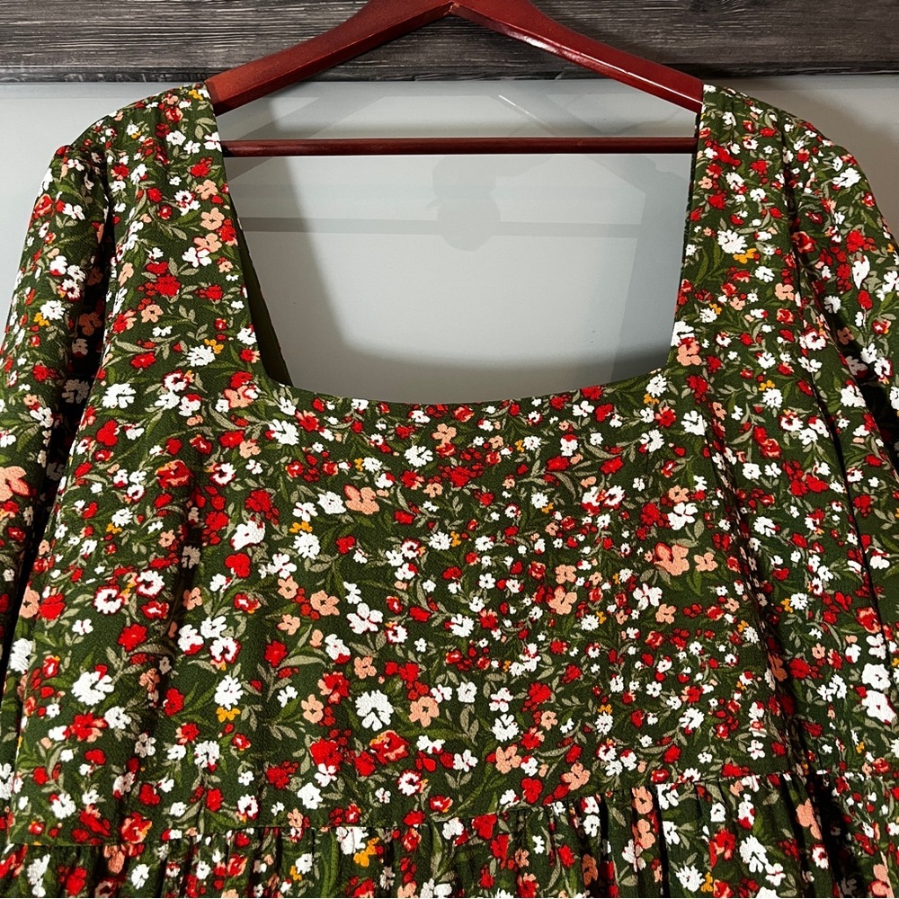 BCBG Olive Green Babydoll Micro Floral Peasant Women's XXL Dress Square Neckline - Picture 5 of 13